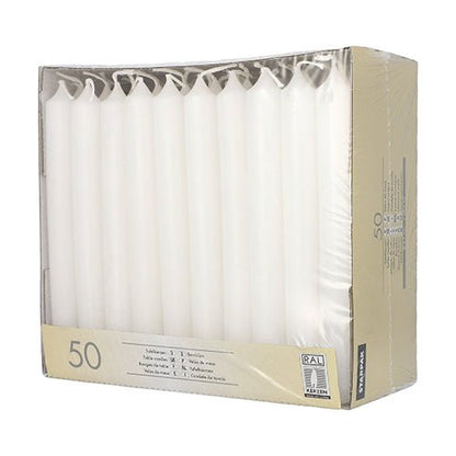 The Starpak 50 table candles Ø 2.1 cm · 19.6 cm white are upright and tightly packed in a beige cardboard tray, ideal for a stylish ambiance. Each box contains 50 white candles of the Starpak brand.