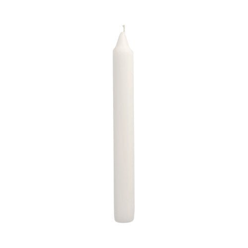 A single, unlit Starpak table candle (Ø 2.1 cm, 19.6 cm, white) from the 50-pack stands against a simple white background, creating an elegant atmosphere.