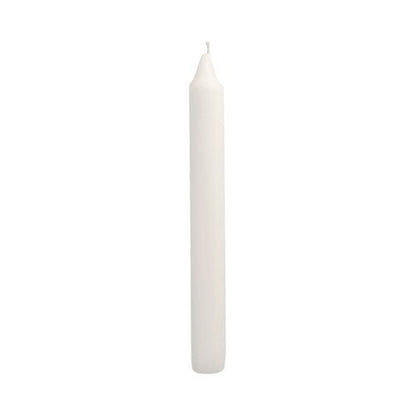 A single, unlit Starpak table candle (Ø 2.1 cm, 19.6 cm, white) from the 50-pack stands against a simple white background, creating an elegant atmosphere.