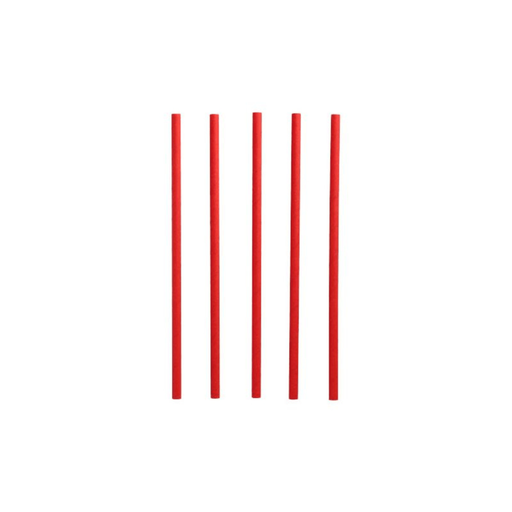 Five red PAPSTAR shake straws paper drinking straws, known for their eco-friendliness, are arranged vertically against a plain white background.