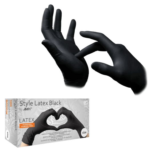 Two hands wearing STYLE LATEX BLACK, black, powder-free latex examination gloves from AMPri Handelsgesellschaft mbH. One hand pulls on the glove cuff. Below, the package shows two gloved hands in the shape of a heart.