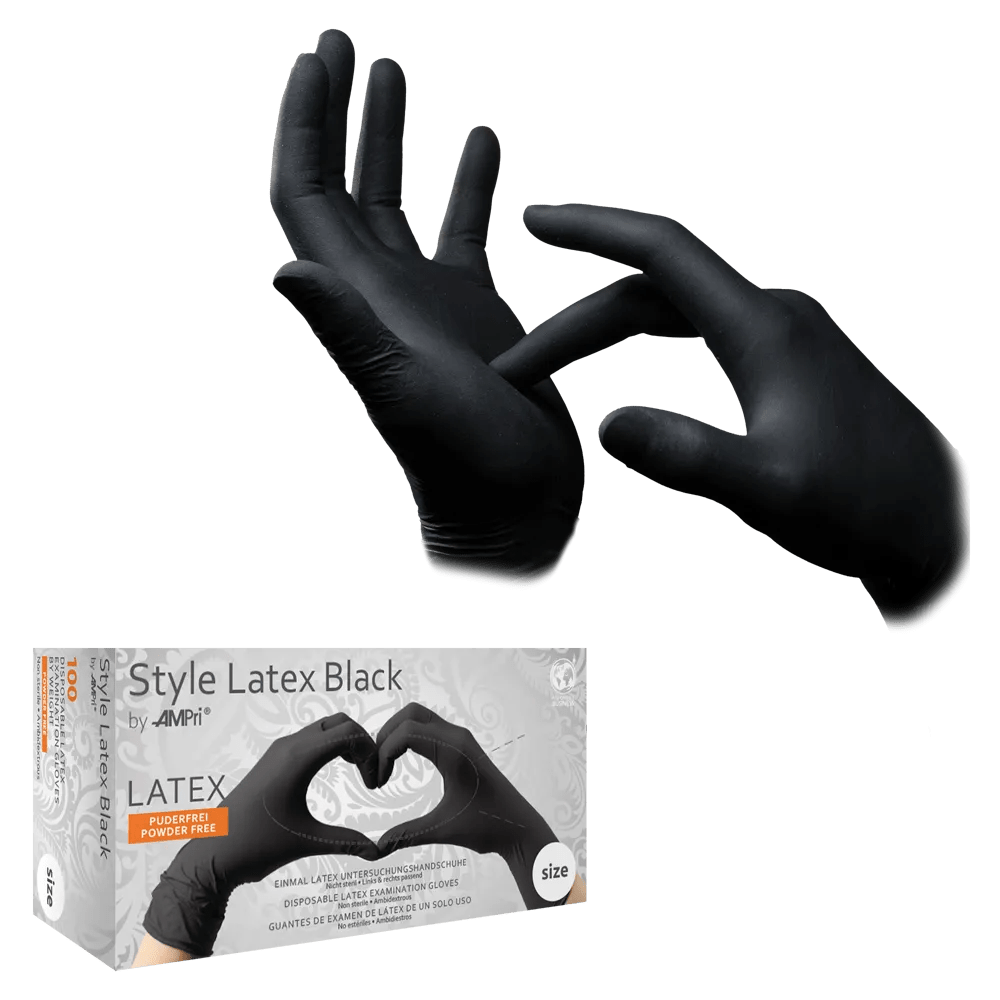The STYLE LATEX BLACK latex examination gloves from AMPri Handelsgesellschaft mbH are black, powder-free, and ideal for precise work.