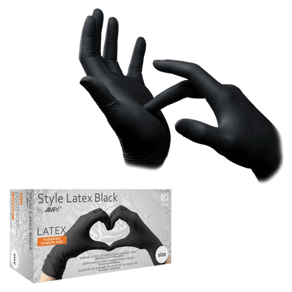The STYLE LATEX BLACK latex examination gloves from AMPri Handelsgesellschaft mbH are black, powder-free, and ideal for precise work.