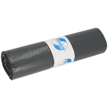 A roll of EMIL DEISS KG (GmbH + Co.) DEISS 14007 - 700x1100x0.07 mm gray garbage bags (25 pieces), packaged in a white paper label with blue lettering and graphics, is shown on a plain white background.