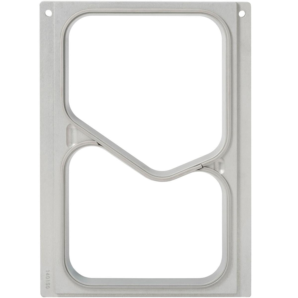 The DF10/20 cassette from Duni GmbH is a rectangular silver metal frame with two large, irregular cutouts and rounded corners, compatible with 2-comp. PP GN menu trays 630/490 ml. It has mounting holes in two corners.