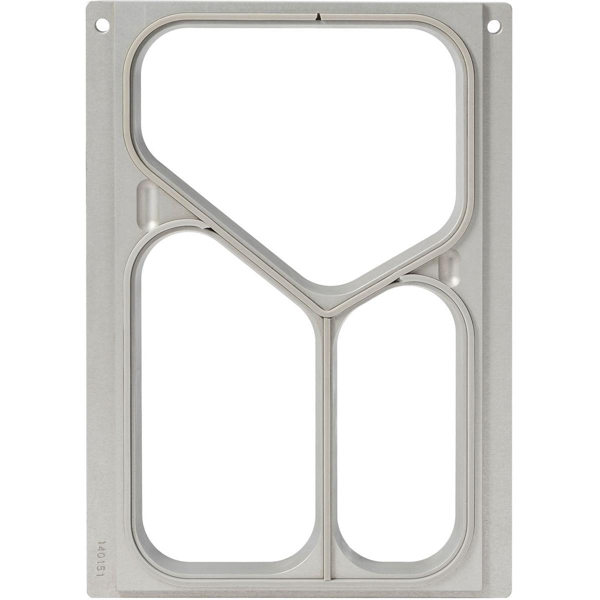 The cassette DF10/20 from Duni GmbH is a rectangular metal frame for three PP menu trays (490/370/200 ml) with a funnel-shaped opening at the top and two rounded rectangles at the bottom. Screw holes line the edges. Package: 1 piece.