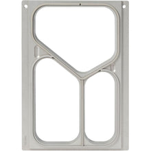 The cassette DF10/20 from Duni GmbH is a rectangular metal frame for three PP menu trays (490/370/200 ml) with a funnel-shaped opening at the top and two rounded rectangles at the bottom. Screw holes line the edges. Package: 1 piece.