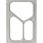 The cassette DF10/20 from Duni GmbH is a rectangular metal frame for three PP menu trays (490/370/200 ml) with a funnel-shaped opening at the top and two rounded rectangles at the bottom. Screw holes line the edges. Package: 1 piece.