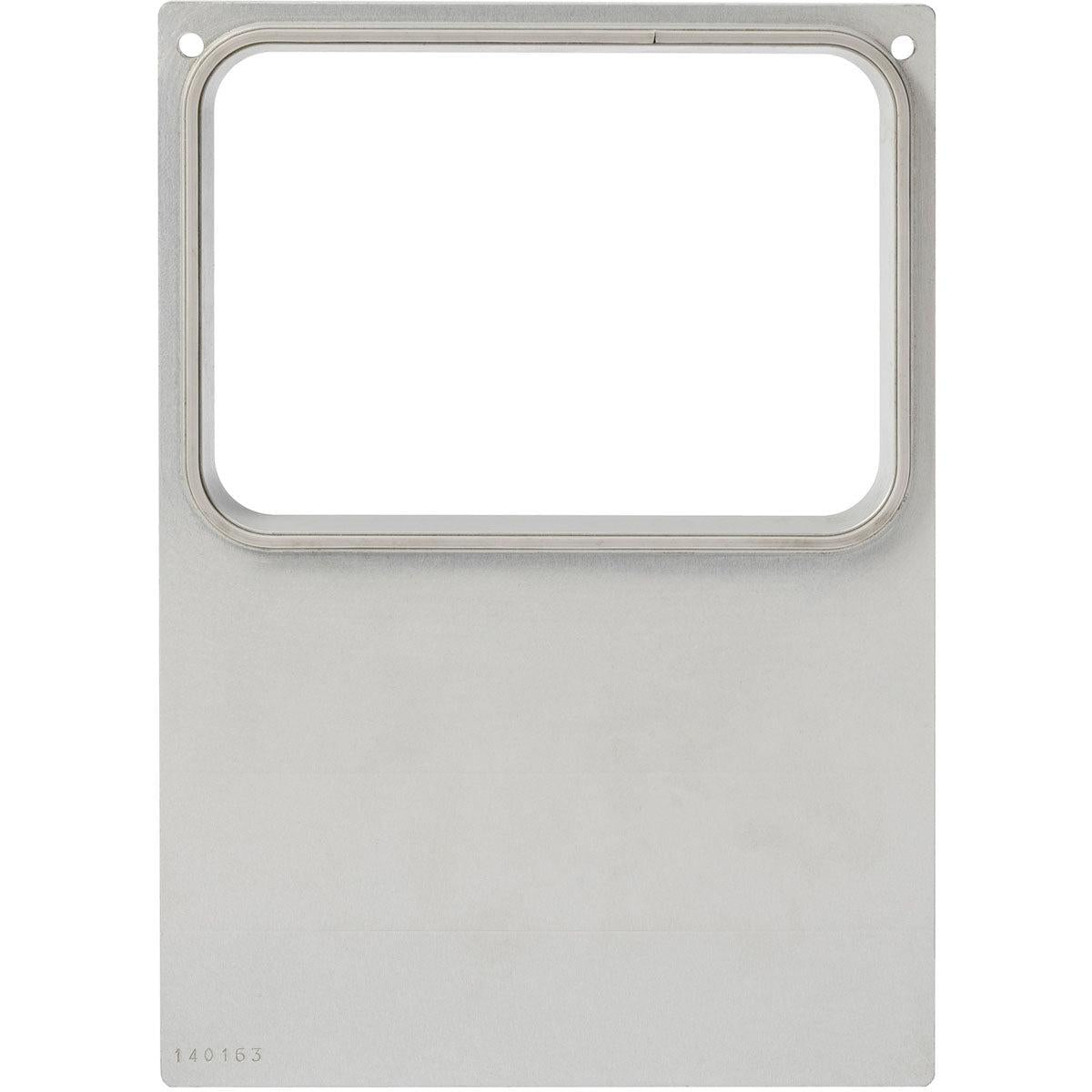 A rectangular metal plate, probably a front panel or a lid for the cassette for CPET trays 600 ml and 700 ml from Duni GmbH, with a large upper cutout and two small holes in the upper corners.
