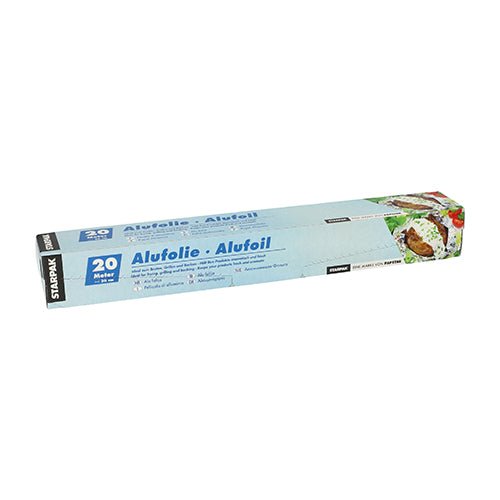 The Starpak aluminum foil in a folding box comes in a 20-meter roll with blue and white packaging – ideal for versatile applications in your kitchen.