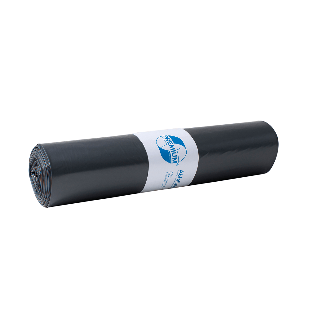 A roll of DEISS 14024 - 700x1100 mm Type 60 gray garbage bags (25 pieces) from EMIL DEISS KG (GmbH + Co.), packaged with a white label with blue text and graphics, designed for efficient waste disposal, on a white background.