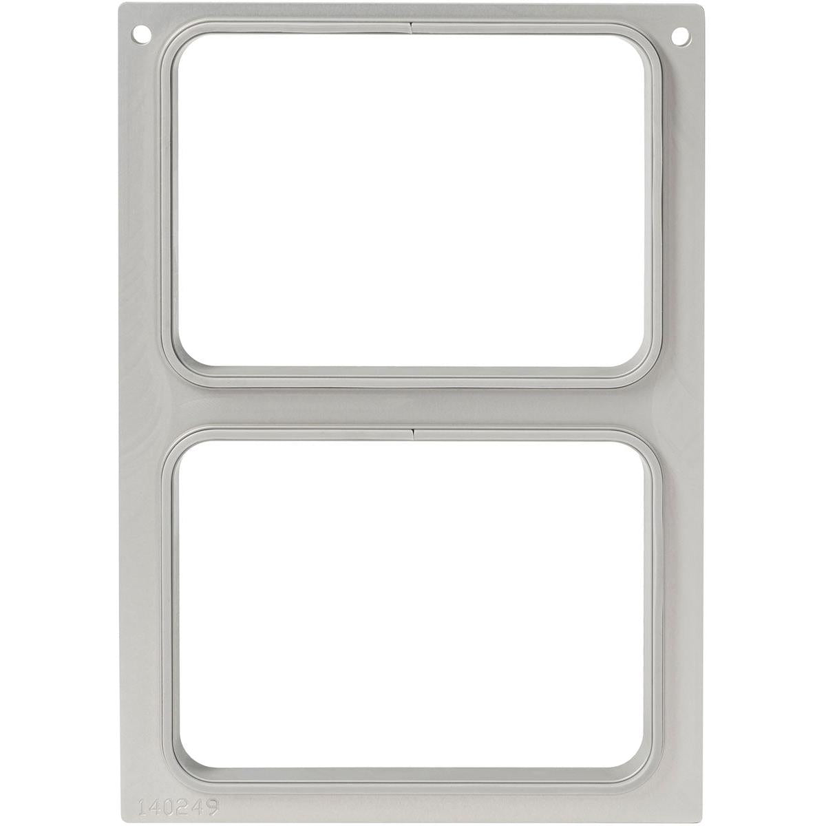 The cassette DF10/20 for CPET trays 510 ml and 670 ml - 2-use by Duni GmbH is a rectangular silver frame with two identical openings and four mounting holes per corner, ideal for the catering industry. Pictured here against a white background.