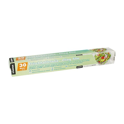 Pictured is a Starpak folding box with 30 m x 29 cm cling film in green-yellow packaging, with the text 'tear-resistant' in German and English and a salad image on the right side.