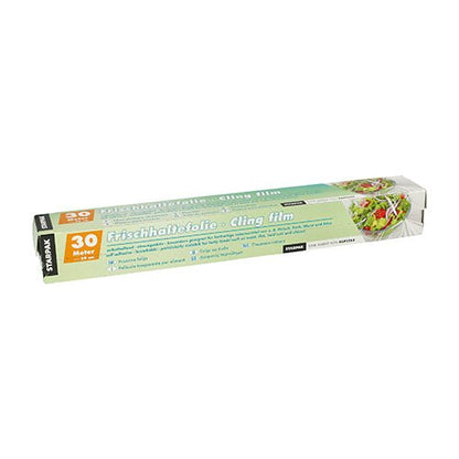 Pictured is a Starpak folding box with 30 m x 29 cm cling film in green-yellow packaging, with the text 'tear-resistant' in German and English and a salad image on the right side.