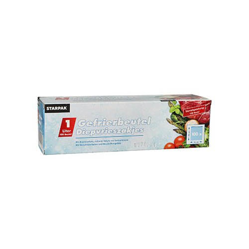 Starpak 100 freezer bags, LLDPE, 1l (24cm x 16cm), transparent in a folding box for safe food storage; packaging shows frozen meat and vegetables.