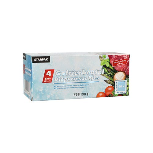 A box containing 60 Starpak freezer bags, each 4 l (40 x 25 cm), made of LLDPE. The transparent bags are delivered in a folding box with German and Polish text. The packaging features images of meat, mushrooms, and tomatoes. Brand: Starpak.