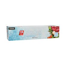 A rectangular box containing 24 Starpak freezer bags, LLDPE 10 l (60 cm x 40 cm), transparent, for food storage, in a folding carton (24 pieces), features images of vegetables and meat on a blue, icy background.