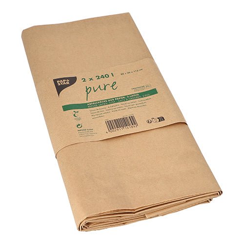 A stack of brown, 2-ply PAPSTAR paper waste bags "pure" (240 l) is neatly folded and wrapped with a band "2 pieces", product details and barcode of PAPSTAR GmbH.