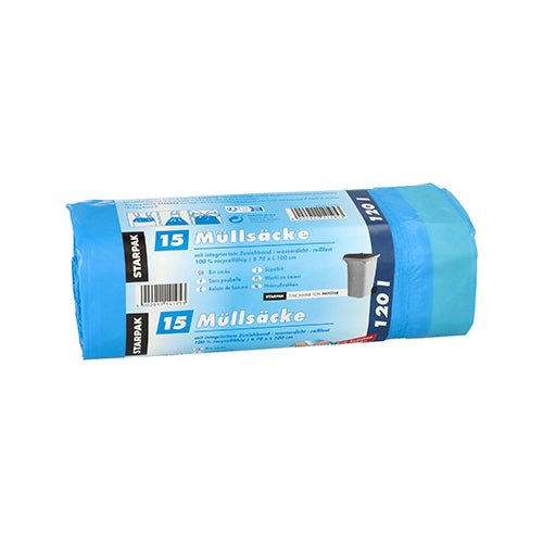 Pictured is a rolled package of 15 blue Starpak trash bags with drawstring (LDPE, 120 l, 100 x 70 cm). The German label shows product details, a trash can image, and emphasizes the practical drawstring for easy tying.
