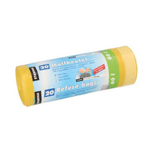A yellow roll of Starpak 20 trash bags with drawstrings (60 l, 71 x 64.5 cm, HDPE) features a blue-and-white band with multilingual branding and instructions. The packaging is labeled “20 trash bags” and contains 20 bags.