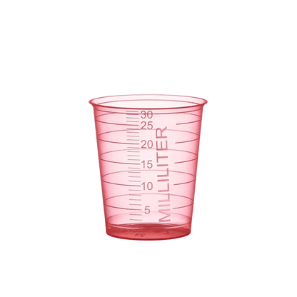The AMPri PP medical cup is a 30 ml scaled measuring cup made of translucent red polypropylene with milliliter markings from 5 to 30. It is manufactured by the brand AMPri Handelsgesellschaft mbH.