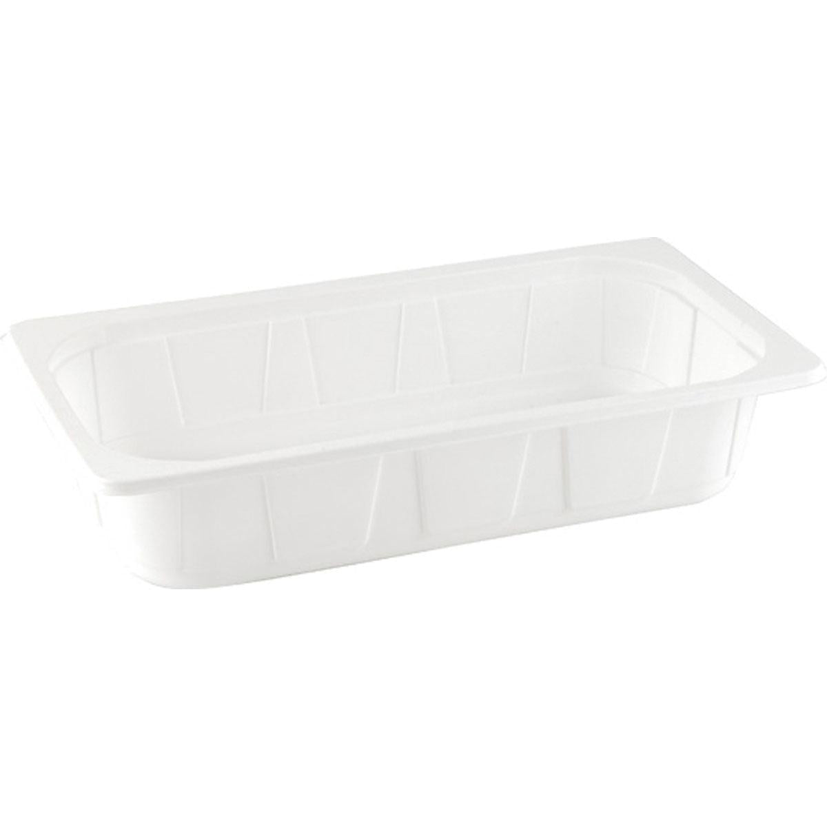The Duni GmbH PP Tray 1/3 GN, White (325x176x65 mm) has slightly tapered sides and a flat rim. The rectangular container made of polypropylene is ideal for the catering industry and is delivered in a pack of 144 pieces.