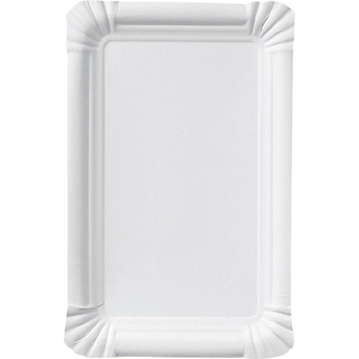 A simple, rectangular sausage plate 13x20 cm made of cardboard from Duni GmbH with white paper and a corrugated edge lies empty on a white background, oriented upright. Ideal for catering, available in a pack of 250.