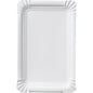 A simple, rectangular sausage plate 13x20 cm made of cardboard from Duni GmbH with white paper and a corrugated edge lies empty on a white background, oriented upright. Ideal for catering, available in a pack of 250.
