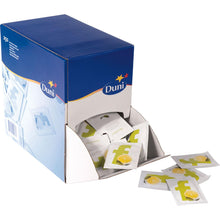 A blue and white dispenser box labeled "Duni GmbH" contains 250 individually wrapped refreshing wipes (71x51 mm) for on the go; some wipes are half pulled out, a few lie next to the box.