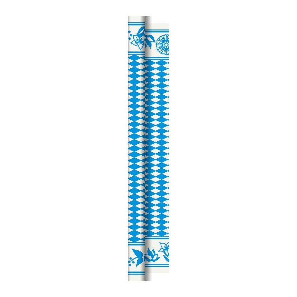 A rolled-up paper straw with a blue and white diamond pattern and blue floral ends, ideal for use at large events with Duni Dunicel tablecloth rolls 1.18 m x 10 m from Duni GmbH.
