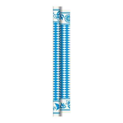 A rolled-up paper straw with a blue and white diamond pattern and blue floral ends, ideal for use at large events with Duni Dunicel tablecloth rolls 1.18 m x 10 m from Duni GmbH.