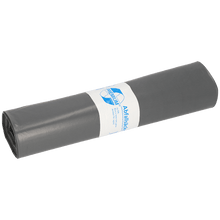 Pictured is a roll of EMIL DEISS KG (GmbH + Co.) DEISS 14304 - 800x1000 mm Type 70 gray | Roll (25 pieces) garbage bags on a white background, wrapped with a white label with blue text and graphics.