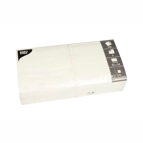 A sealed package of 250 PAPSTAR 2-ply white napkins (33 x 33 cm, 1/8 fold) from PAPSTAR GmbH with black and white label – perfect for a stylishly set table.