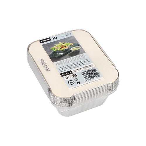 A stack of Starpak 10 trays aluminum + insert lid, PP-coated, rectangular food containers with a paper label featuring salad, dip, product information, and barcode. Ideal for food storage. The pack contains 10 rectangular containers. Brand: Starpak.