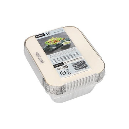 A stack of Starpak 10 trays aluminum + insert lid, PP-coated, rectangular food containers with a paper label featuring salad, dip, product information, and barcode. Ideal for food storage. The pack contains 10 rectangular containers. Brand: Starpak.