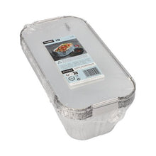 A stack of Starpak 10 trays, aluminum + insert lid (PP-coated, rectangular) in plastic wrap with a top label with product details and a food photo - ideal for practical food storage.