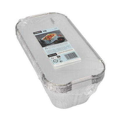 A stack of Starpak 10 trays, aluminum + insert lid (PP-coated, rectangular) in plastic wrap with a top label with product details and a food photo - ideal for practical food storage.