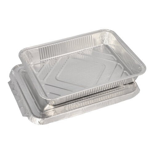 Two rectangular Starpak 50 menu trays + lids, aluminum trays from Starpak are stacked against a plain white background. Each tray features raised edges and a slightly textured surface, ideal for serving meals in the catering industry.