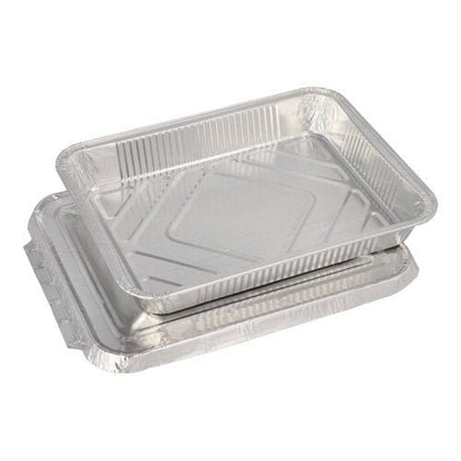 Two rectangular Starpak 50 menu trays + lids, aluminum trays from Starpak are stacked against a plain white background. Each tray features raised edges and a slightly textured surface, ideal for serving meals in the catering industry.