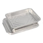 Two rectangular Starpak 50 menu trays + lids, aluminum trays from Starpak are stacked against a plain white background. Each tray features raised edges and a slightly textured surface, ideal for serving meals in the catering industry.