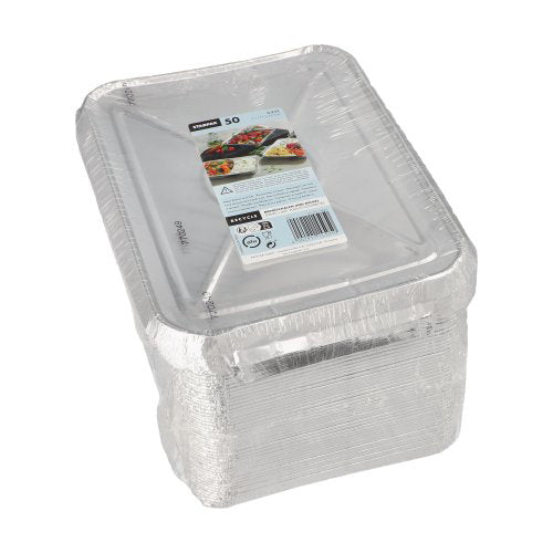 A stack of Starpak 50 menu trays + lids, aluminum in a package with transparent lids; the label shows the Starpak branding and images of the aluminum trays used for food - ideal for the catering sector.