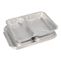 The Starpak 50 menu trays + lids, aluminum set includes divided and undivided shiny aluminum trays with raised edges, perfect for food service in the catering sector.