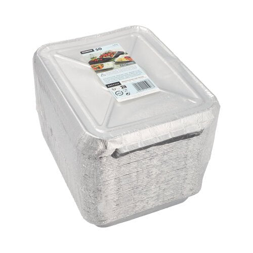 A stack of Starpak 50 menu trays + lids, aluminum from Starpak is packaged in plastic and labeled with a product tag - ideal for the catering sector.