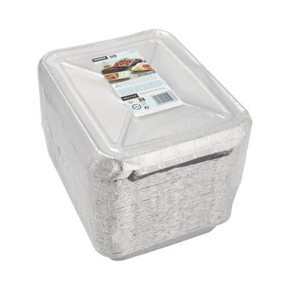 A stack of Starpak 50 menu trays + lids, aluminum from Starpak is packaged in plastic and labeled with a product tag - ideal for the catering sector.