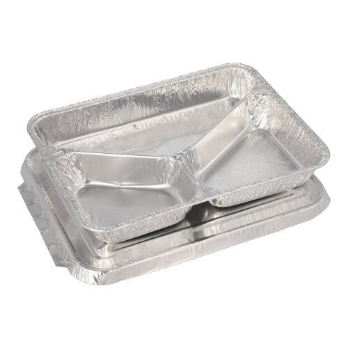 Two Starpak 50 menu trays + lids, aluminum - rectangular trays with three compartments - are stacked on matching foil lids, ideal for catering use, against a plain white background.