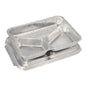 Two Starpak 50 menu trays + lids, aluminum - rectangular trays with three compartments - are stacked on matching foil lids, ideal for catering use, against a plain white background.