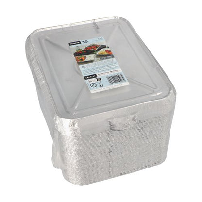 A stack of Starpak 50 menu trays + lids, aluminum - rectangular aluminum trays with transparent lids, wrapped in plastic and labeled with food images and information - ideal for use as menu trays in the catering sector.