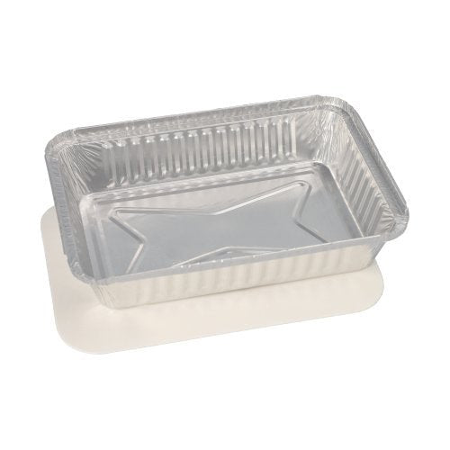 A Starpak 10 trays, aluminum + insert lid, PP-coated food container with a raised bottom pattern is seen on a flat white surface.