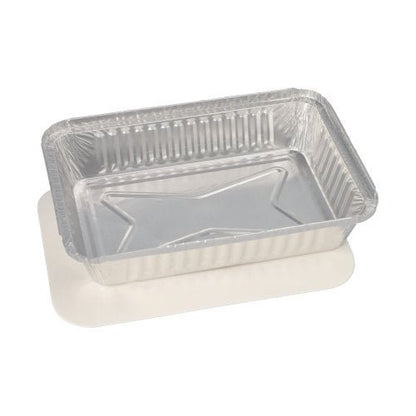 A Starpak 10 trays, aluminum + insert lid, PP-coated food container with a raised bottom pattern is seen on a flat white surface.