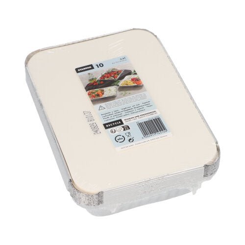 A stack of Starpak 10 trays, aluminum + insert lid, PP-coated rectangular trays is wrapped in clear plastic. The label shows product information and images of food in the rectangular aluminum trays. Ideal for food storage.